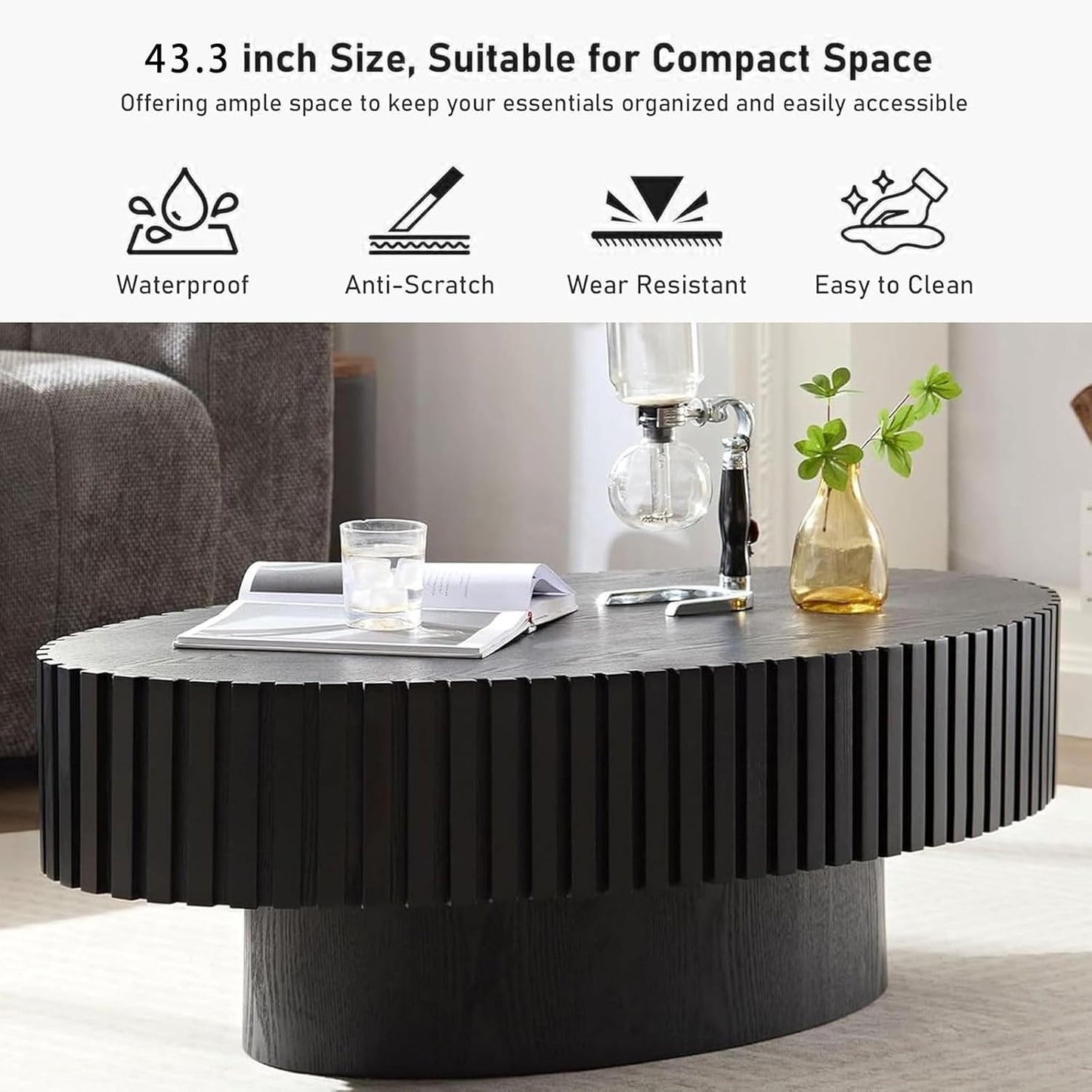 Handmade Oval Grooved Drum-Shaped Coffee Table (C Black 43in) | Rustic Modern Circular Centerpiece for Living Room & Farmhouse Decor, Easy to Clean