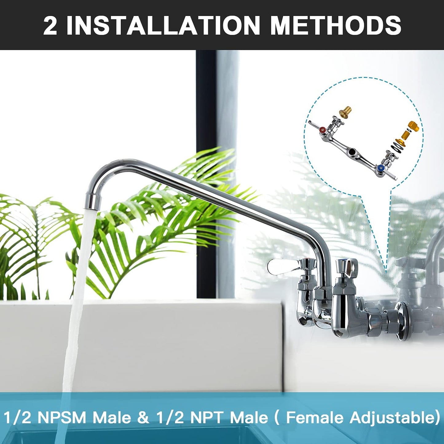 Wall Mount Faucet 8 Inch Center Commercial Kitchen Faucet, 12 Inches Swivel Spout Wall Mounted Restaurant Sink Faucets 2 Handle Commercial Faucets for Laundry Utility(Polished,12")