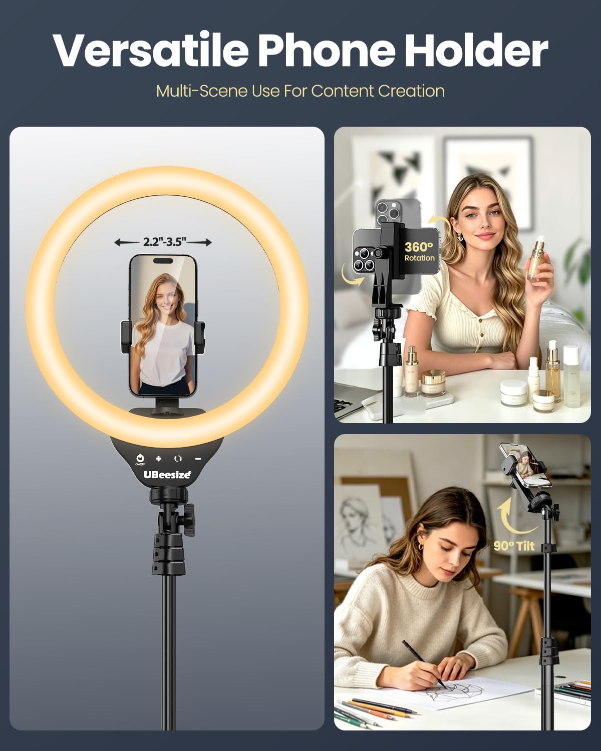 UBeesize 12'' LED Ring Light with 62'' Tripod Stand, Selfie Ring Light for Video Recording, Live Streaming, TikTok & YouTube, Compatible with iPhone & Android (Black)