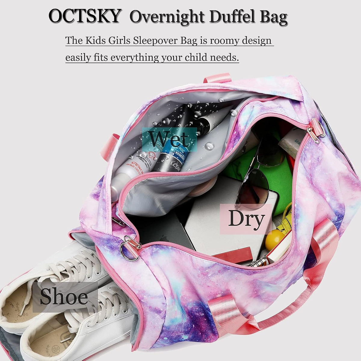 Gym Duffle Bag for Girls, Gymnastics Sports Bag for Teens Women Small Overnight Weekender Carry On Travel Bag with Shoe Compartment and Wet Pocket Galaxy