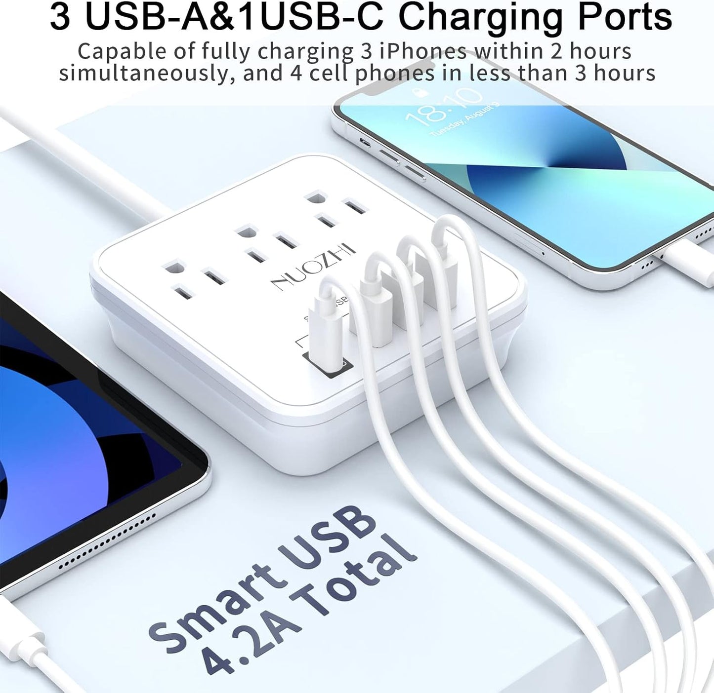 Cruise Essentials, NUOZHI 6 Ft Power Strip with 3 Outlets and 4 USB Ports(1 USB C), Non Surge Protector for Cruise Ship, Travel, Home Office, ETL Listed, White