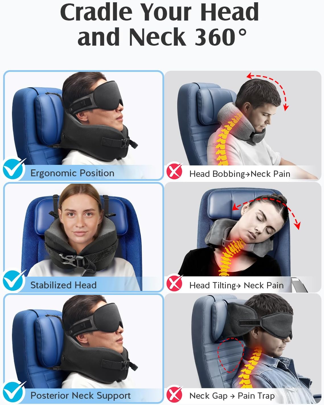 YFONG Travel Pillow for Long Flight Airplane, Head Strap Combo with 3D Contoured Sleep Eye Mask, Neck Pillow for Travel Essential, 360° Support Memory Foam Headrest, Prevent Bobbing, Drawstrap - Black