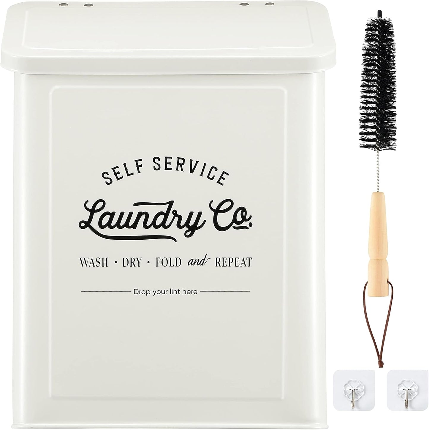 MONJITA Magnetic Lint Bin for Laundry Room, Metal Trash Can with Lid for Dryer, Farmhouse Lint Holder, Laundry Co Sign, Laundry Room Storage Decor with Dryer Lint Brush(White)