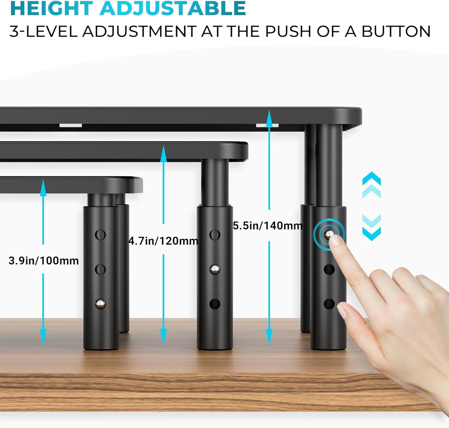 BONTEC Monitor Stand for Desk 2 Pack, 3-Level Height Adjustable Metal Monitor Riser, 14.5 x 9.1 in Ergonomic Computer Stand with Pen Holder & Cable Management for Printer, Laptop, Office Workstation