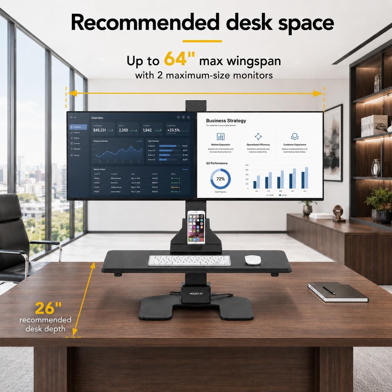 Mount-It! Double Monitor Electric Standing Desk Converter - 2 Screens Stand Up Desk Riser - Height Adjustable Desktop & 2 Mounts for Screens up to 32", Sit-Stand Convertor for Home, Office, School