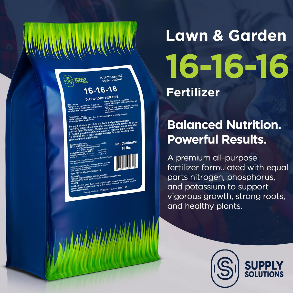 Supply Solutions 16-16-16 Complete Lawn & Garden All Purpose Granular Fertilizer - The Ultimate Plant Food for Lush Greenery & Vibrant Blooms - for All Plants, Vegetables, Fruits, and Berries - 10lbs
