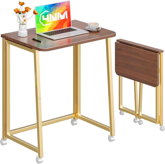 4NM 23.6" Mobile Small Folding Desk, Foldable Rolling Computer Home Office Desk, Study Writing Table for Small Space Saving Bedroom, with Wheels - Brown and Gold