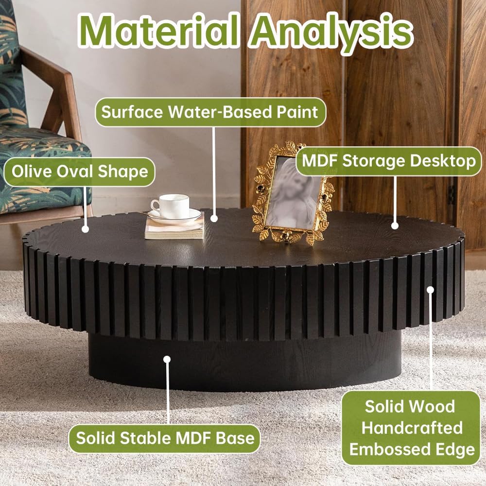 43.3in Oval Fluted Coffee Table (Oval Black 43.3in) | Drum Coffee Tables for Living Room | Modern Pedestal Center Table