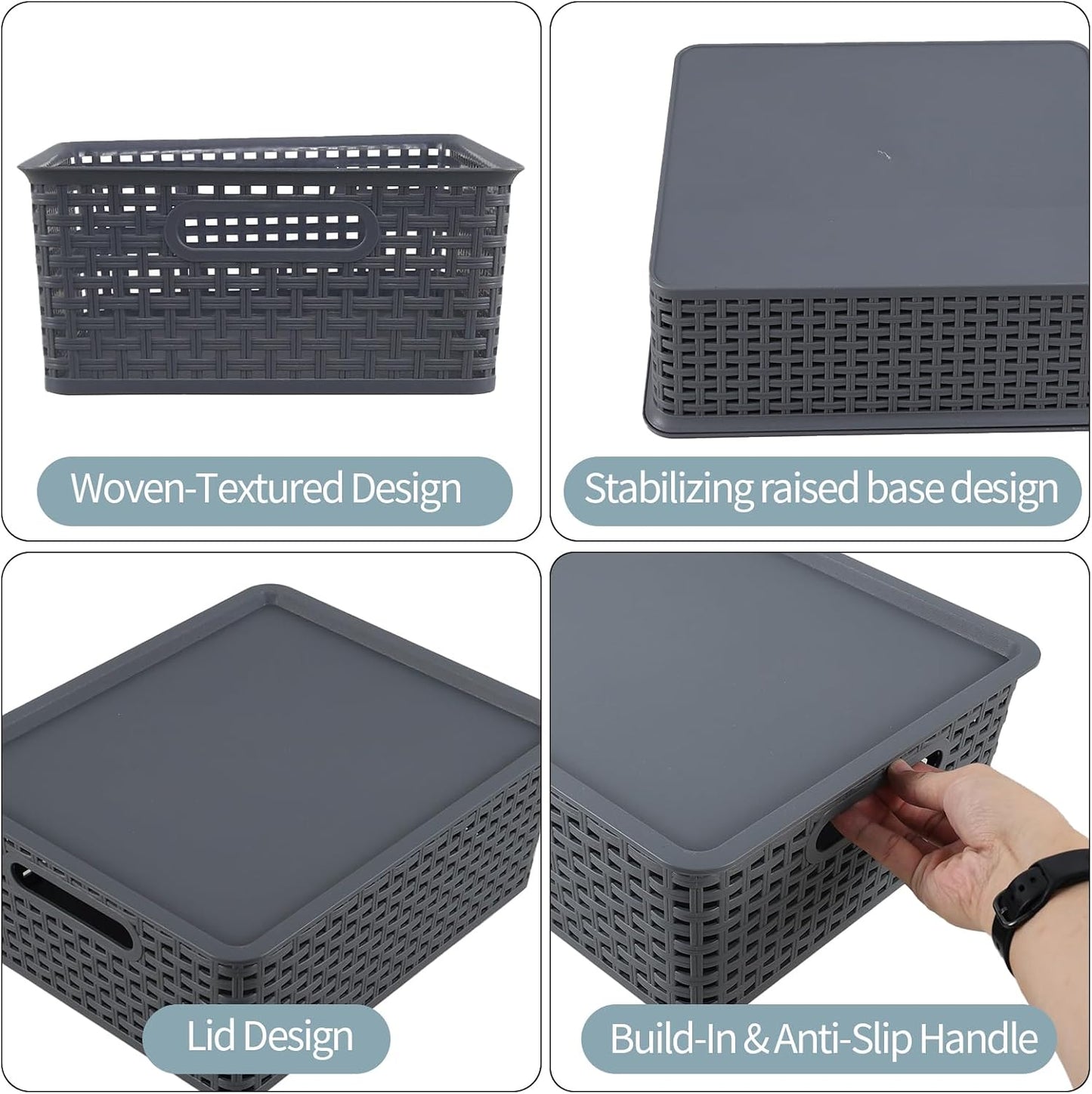 6 Pack Plastic Storage Bins with Lids, Stackable Storage Baskets with Handles, Plastic Organizer Container Bins for Desk,Shelves,Office, Pantry Organizers and Storage, Grey
