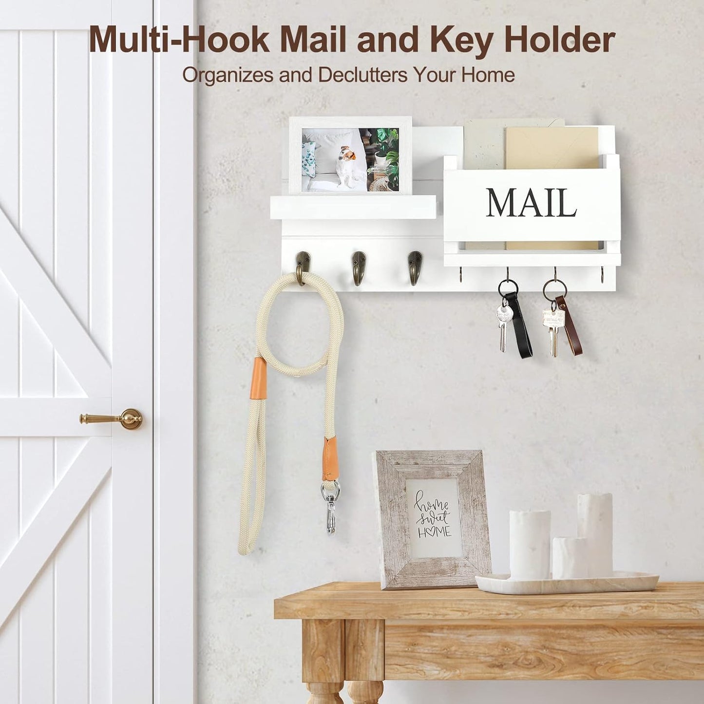 Lwenki Mail Organizer for Wall Mount – Key Holder with Shelf Includes Letter Holder and Hooks for Hallway Farmhouse Decor – Rustic Wood with Flush Mounting Hardware (16.5” x 9.1” x 3.4”) (White)