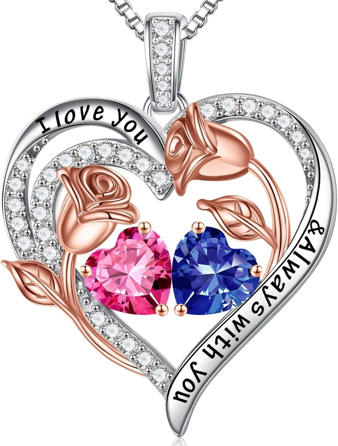 Iefil Birthstone Necklace for Women - Rose Heart Necklace