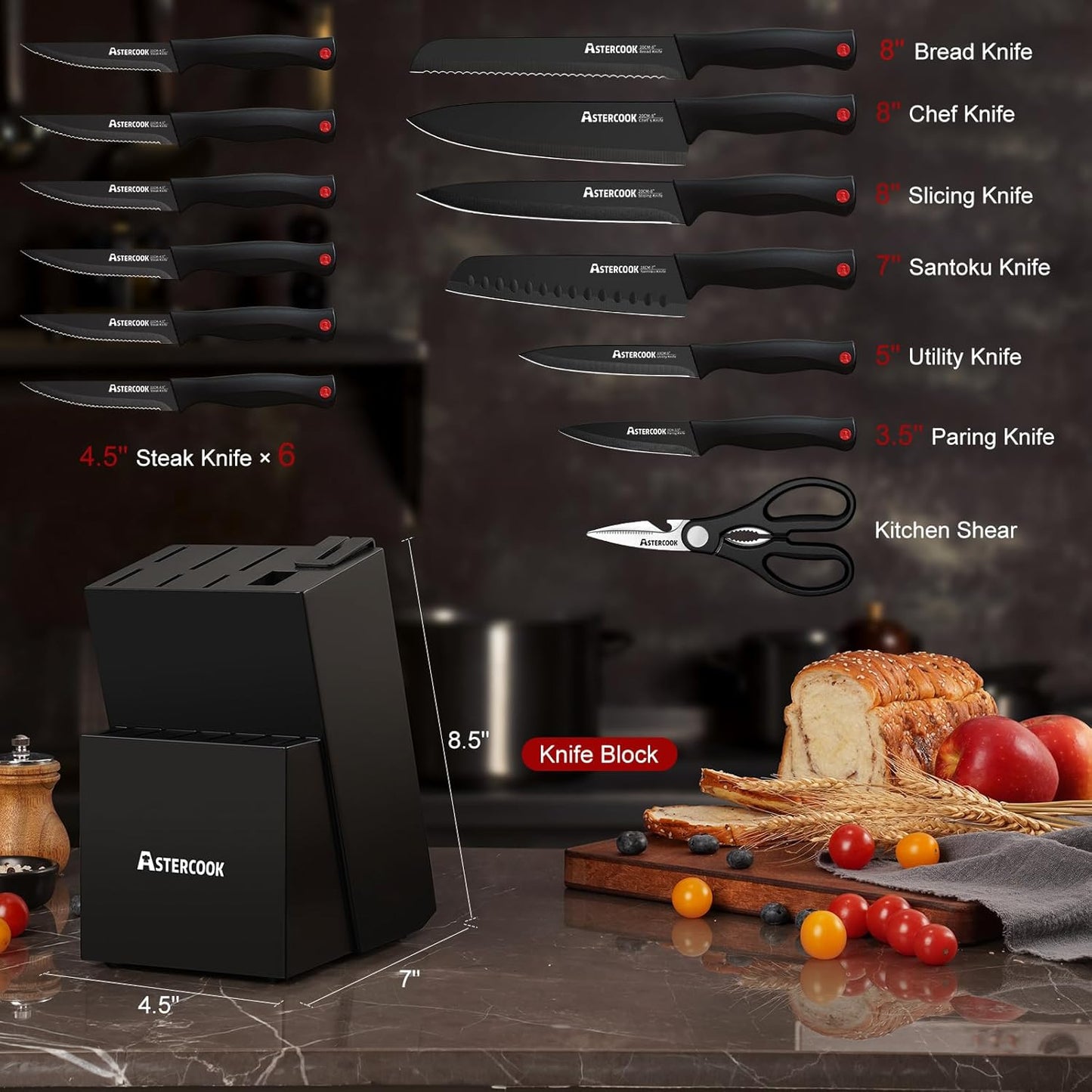 Knife Set, Astercook 15 Pieces Knife Sets for Kitchen with Block, Dishwasher Safe Kitchen Knife Set with Built in Sharpener Block, German Stainless Steel Kitchen Utensils Set