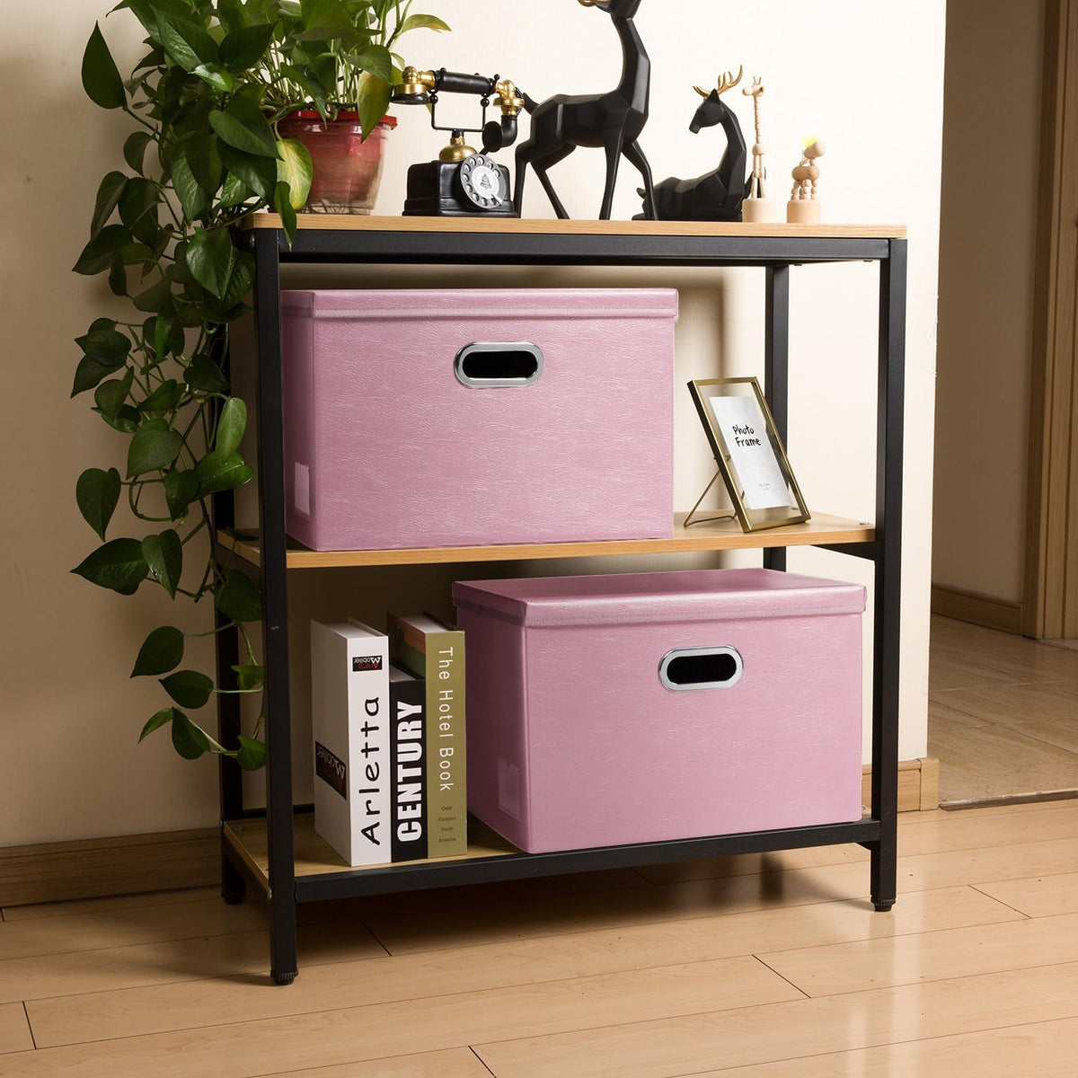 PRANDOM Large Collapsible Storage Box with Lid [1-Pack] Leather Fabric Foldable Storage Bin Organizer Container Basket Cube with Cover for Home Bedroom Closet Office Nursery Pink (17.7x11.8x11.8)