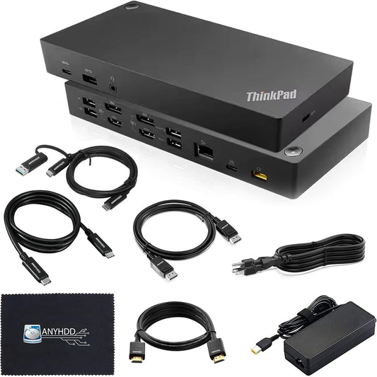 40AF0135US Lenovo Docking Station Dual Monitor Hybrid USB-C with USB-A - 1 Year Warranty, Thinkpad Dock w/ 135W Adapter, ANYHDD HDMI, DisplayPort, USB-C Cables, Cloth - Lenovo Laptop Docking Station