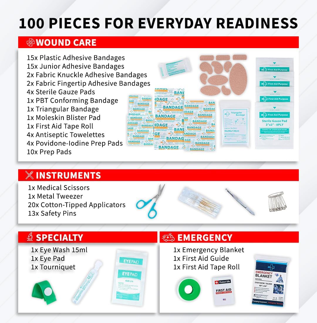 Protect Life Doctor Developed Mini First Aid Kit, 100 Piece Waterproof Emergency Kit for Car, Boat, Camping & Travel, Includes Emergency Blanket, Tourniquet & First Aid Guide