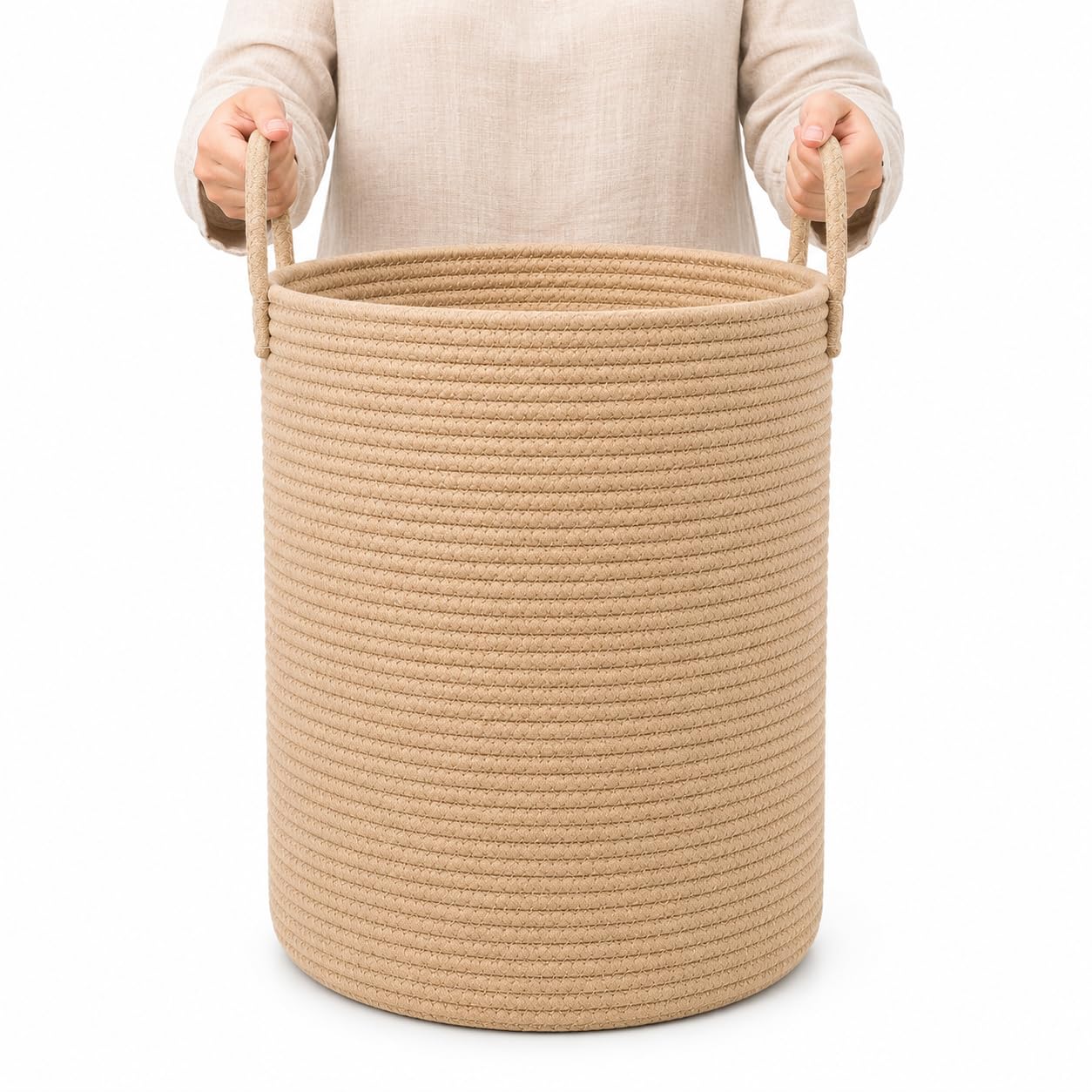 OrganiHaus Tall Cotton Rope Laundry Basket & Hamper, Blanket Storage 52L | Full Honey - Tall Cotton Rope Hamper, 52L