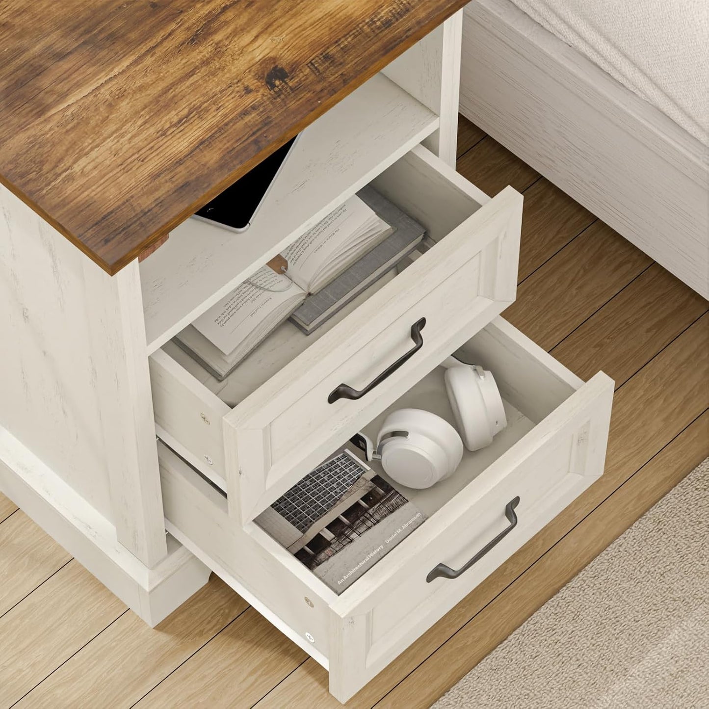 HOMMPA Farmhouse Nightstand w/Charging Station, Open Shelf, Rustic White