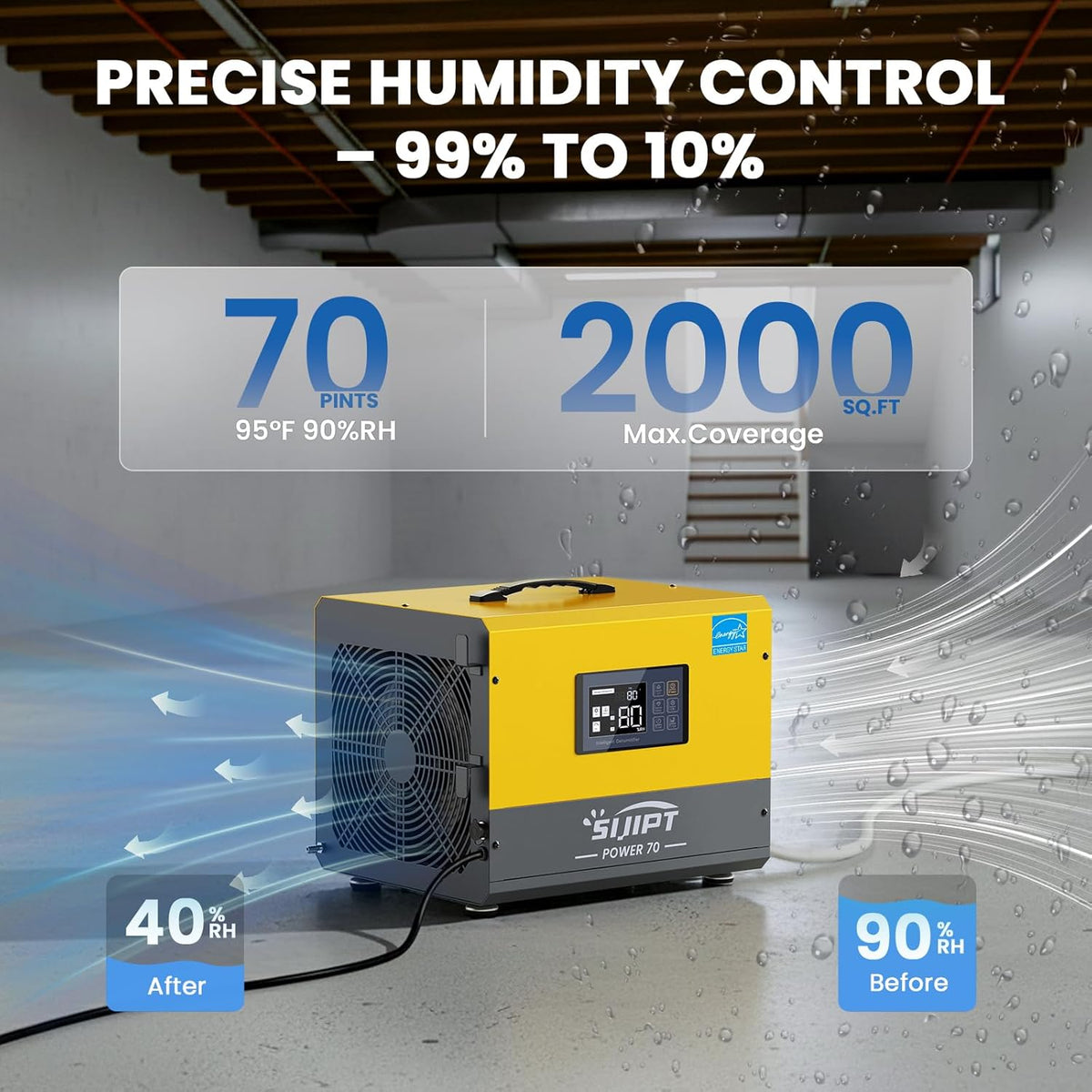 70 Pint Crawl Space Dehumidifier with Pump for 2000 Sq Ft – Energy Star Commercial for Basement, Auto Defrost, Memory Restart, Drain Hose