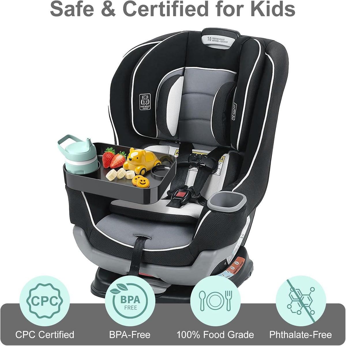 Car Seat Snack Tray for Toddlers - 3 Inch Cup Holder Fits Most Sippy Cups & Straw Bottles with Dip Well, Mess-Free Square Kids Travel Tray Road Trip Essentials, Black