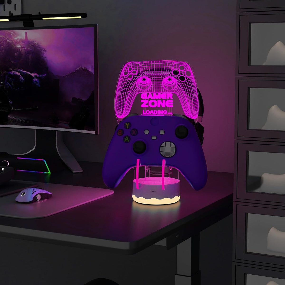 CoolGift Mart Light up Headset and Controller Stand, 16 Colors 3D LED Lights Gamepad Headphone Holder with Remote Control, Game Controller Hanger for All Universal Gaming PC Accessories