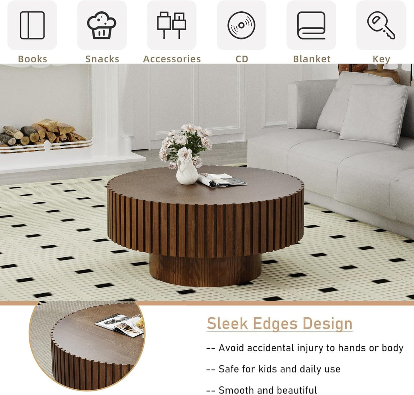 Mid Century Modern Round Fluted Coffee Table (J) | Handcraft Drum Coffee Table, Sturdy Pedestal, Wood Veneer Top, for Living Room Reception Room Farmhouse