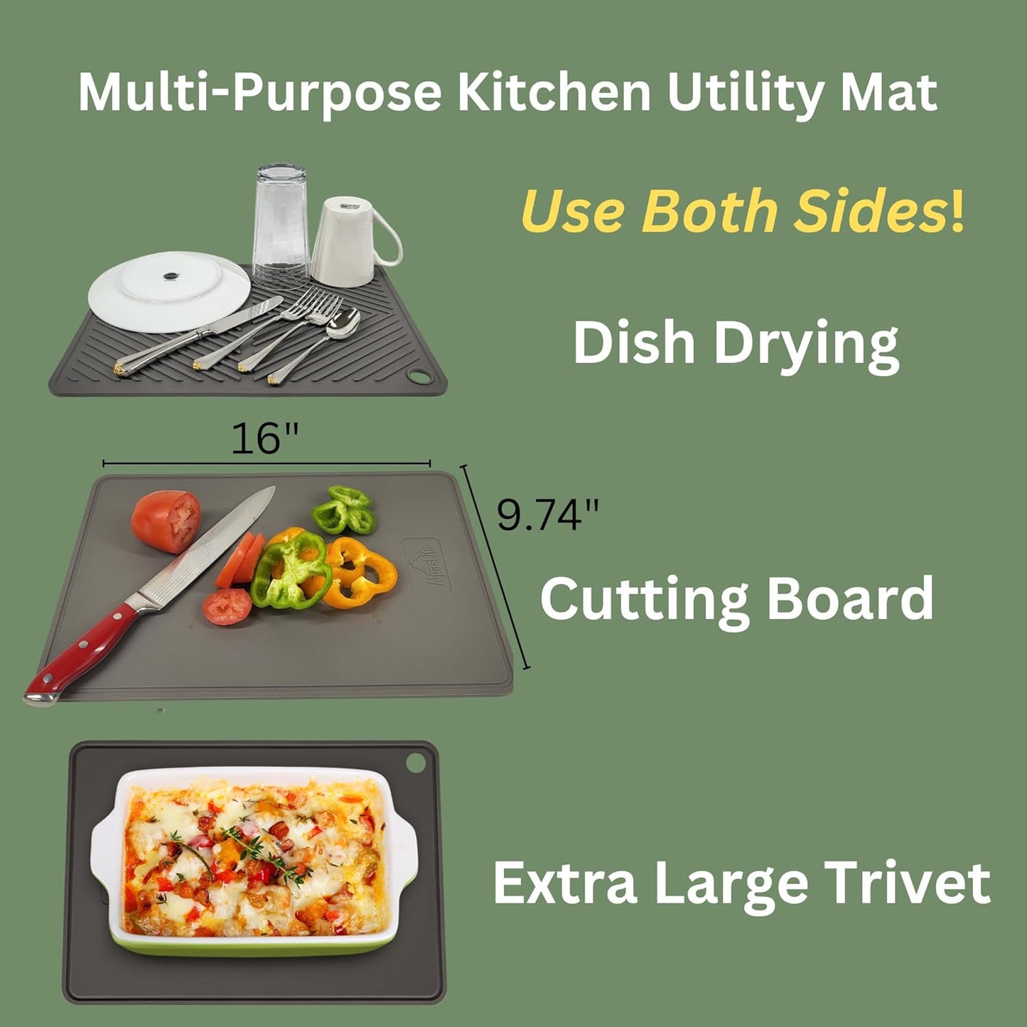 Complete Kitchen Essentials Set - Silicone & Wood Utensils, Spoon Rest, Utensils Holder, Non-Stick Baking Mats & Grilling Mats, Mini Oven Mitts, Combo Cutting Board & Dish Drying Pad