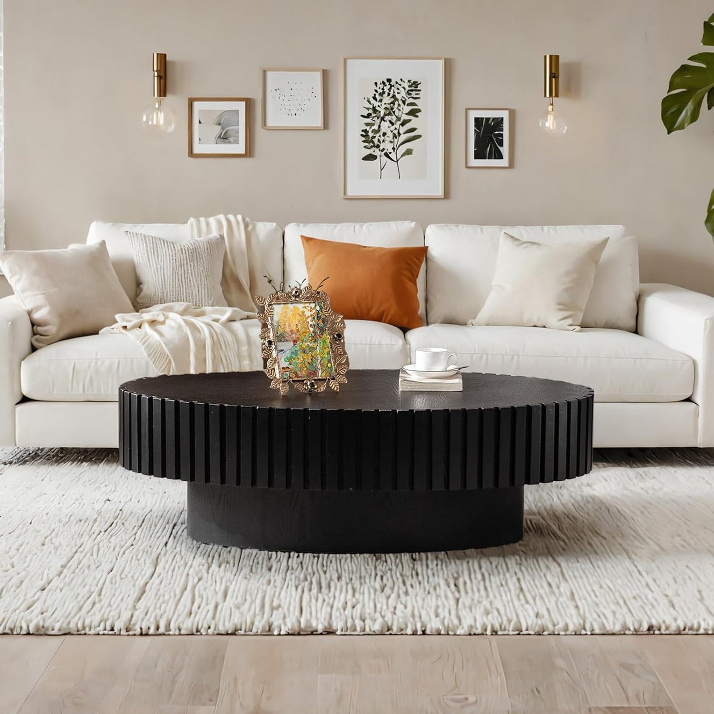 Mid Century Modern Oval Fluted Coffee Table (K) | Handcraft Drum Coffee Table, Sturdy Pedestal, Wood Veneer Top, for Living Room Reception Room Farmhouse