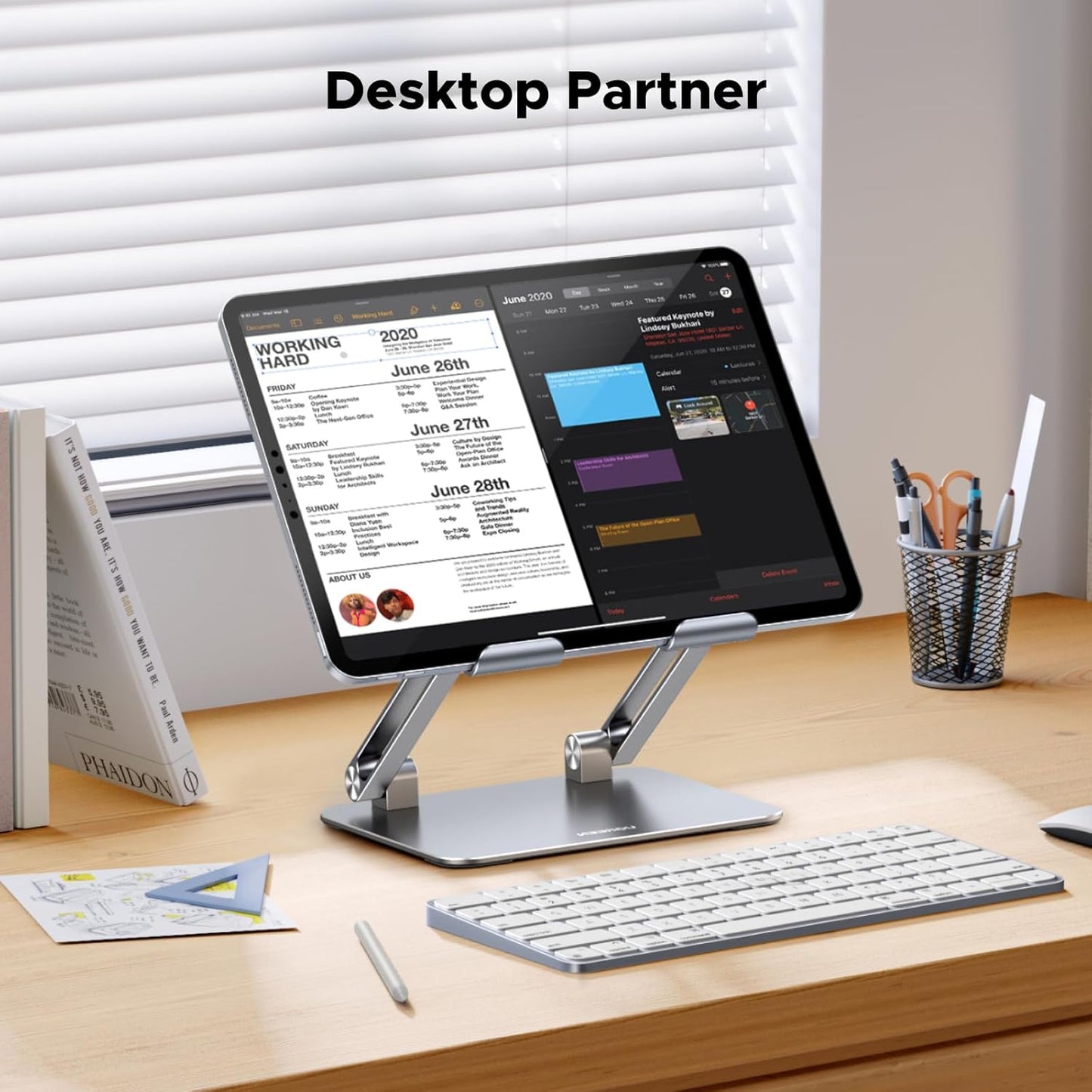 UGREEN Tablet Stand Holder for Desk Dual Rod Support Aluminum Tablet Holder Adjustable Multi-Angle Home Office Accessories Compatible with iPad Pro 13 12 11 10.5 Air Mini 5 4 3 2 Phone E-Reader Silver