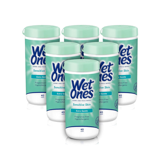 Wet Ones Hand and Face Wipes, Sensitive Skin, Unscented, Hand and Face, 40ct Canister (6 pack)