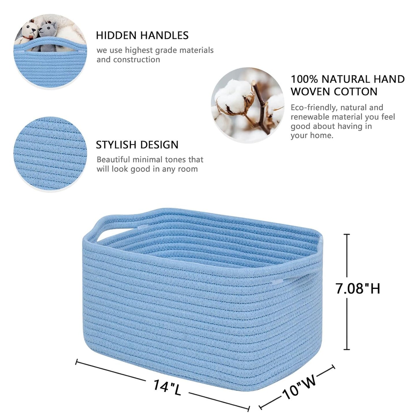 CubesLand Cube Storage Organizer Basket Bin, Cotton Rope Shelves Basket | Durable Woven Rectangular Shelf Basket for Organizing, Nursery Toys Basket, Blue Basket
