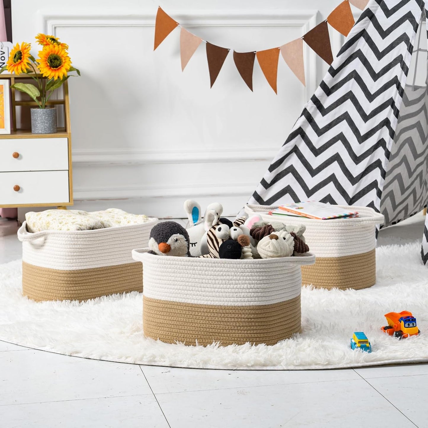 DUHEL Cotton Rope Woven Storage Basket (White&Khaki-3PCS) | Used for Baby Hamper Toy Organizer, Gift Baskets Empty,Kids,Baby,nursery. Size 15x10x8.7 Inches.