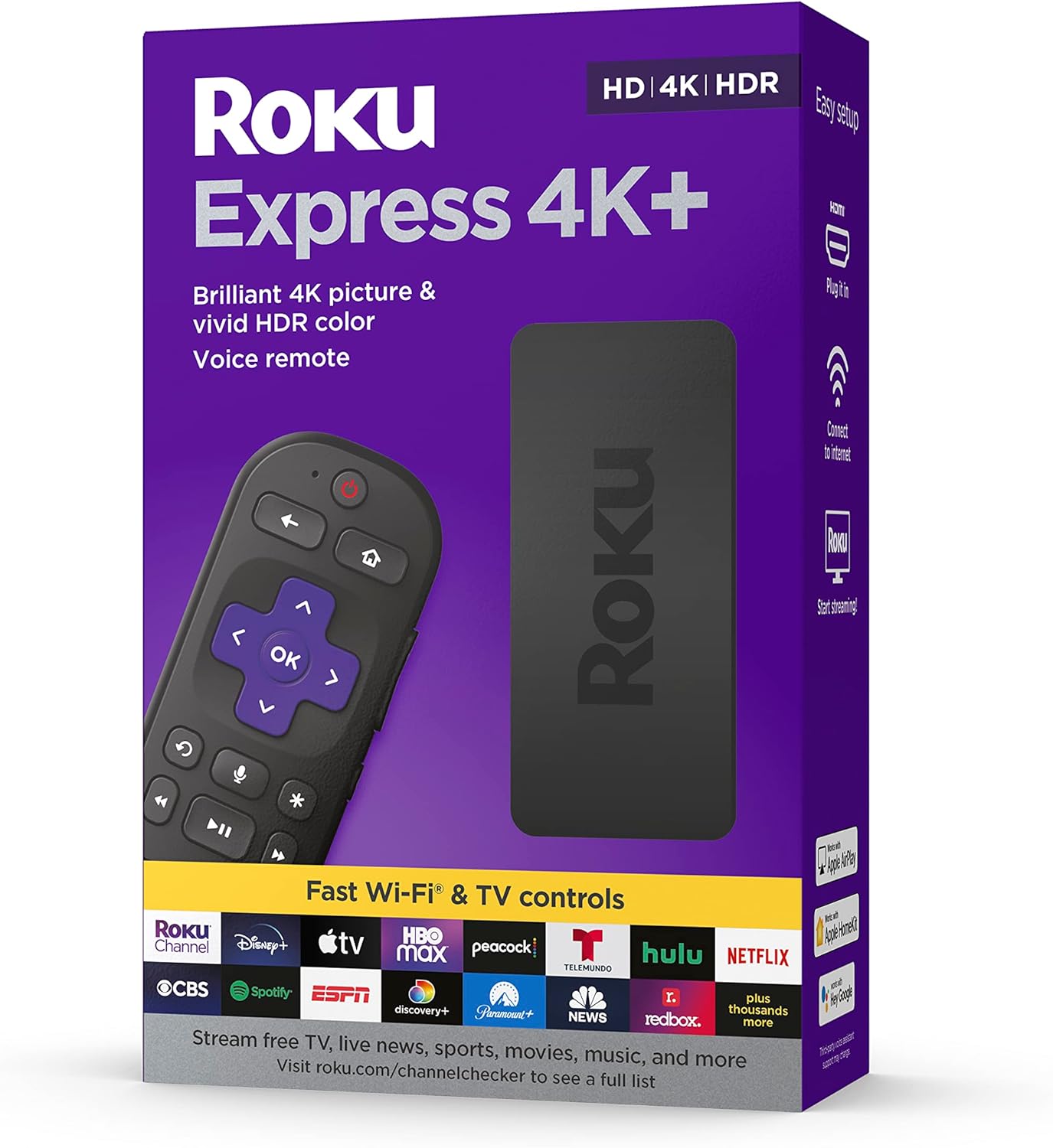 Roku Express 4K+ | Roku Streaming Device 4K/HDR with Voice Remote, Free & Live TV