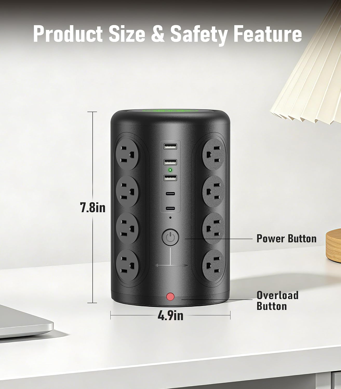 Power Strip Tower, TenTrend 16 Outlets and 5 USB Ports (2 USB-C), 2000 Joules Charging Station, 6FT Flat Plug Extension Cord for Home Office Dorm Room Essentials, Black