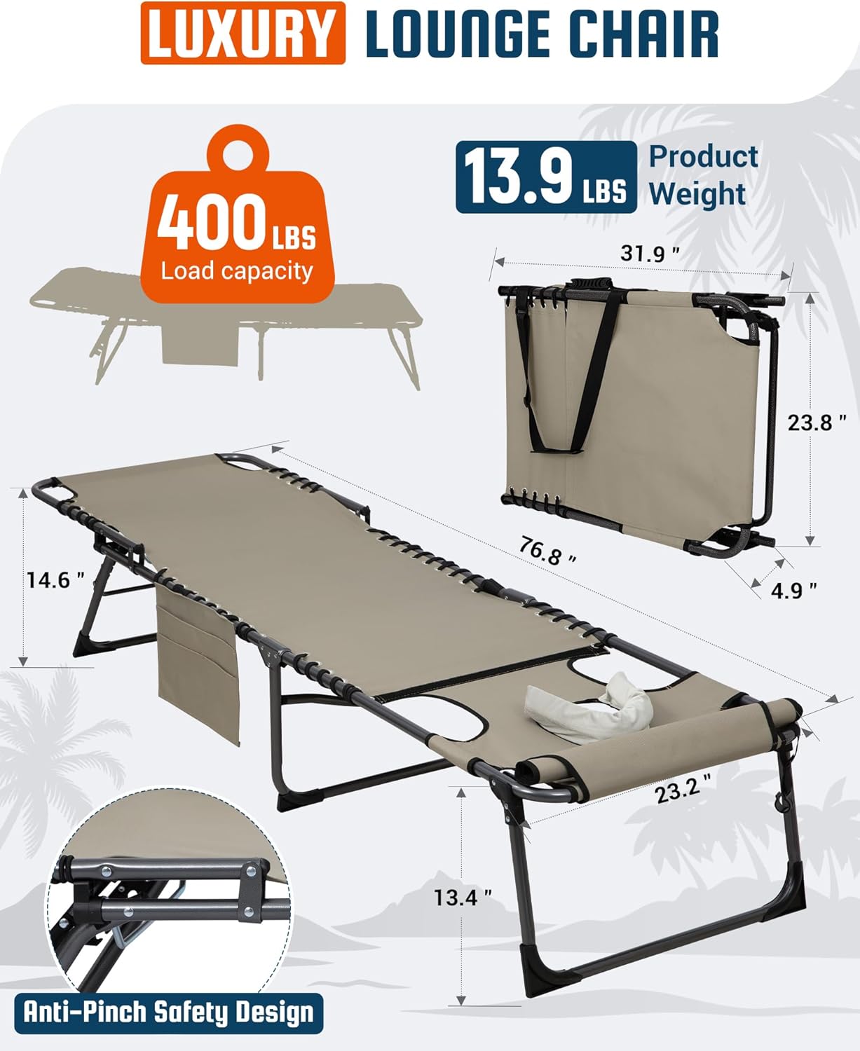 KingCamp Tanning Chair with Face Hole, Lounge Chairs Outdoor Folding Comfy Adjustable 5-Position Lay Flat Foldable Chaise Chaser Lounger for Outside Beach Patio Sun Bathing Pool, Beige