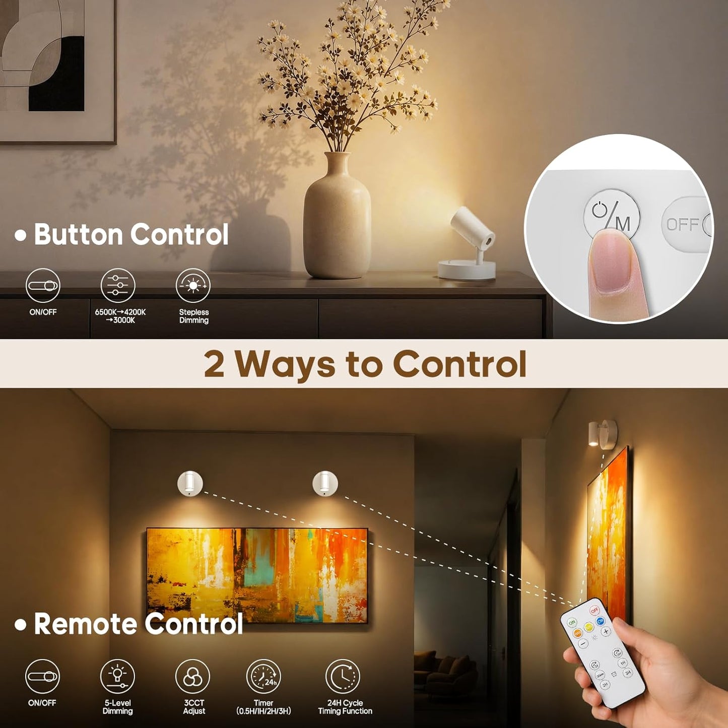 GOODEA Spotlights Indoor with Remote, 5500mAh Rechargeable Battery Plant Spotlight Indoor, Wireless Uplighting with 3 Colors & 24H Cycle Timer, Picture Light for Painting(2 Pack 5500mAh, White)