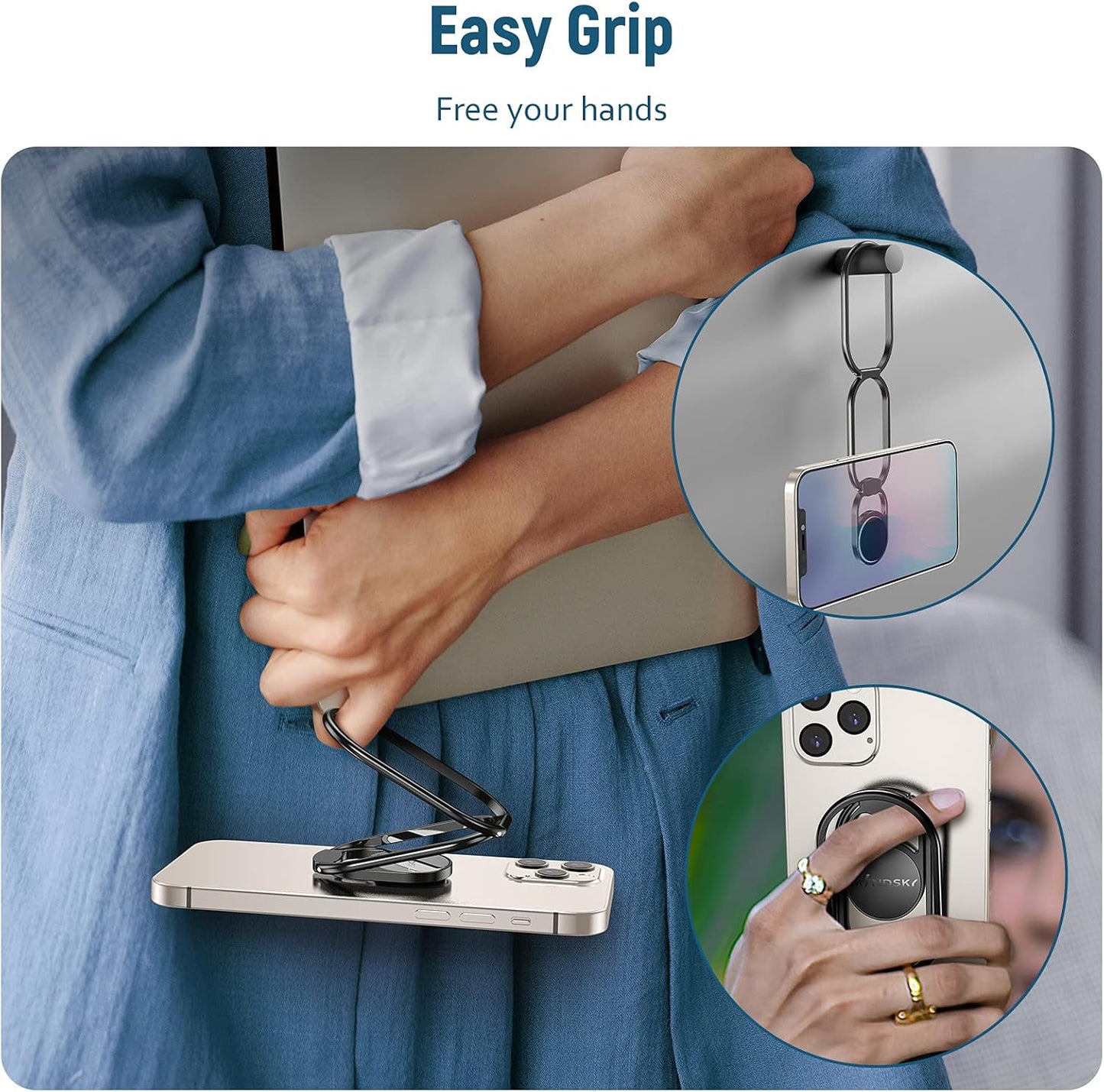 Phone Ring Holder Finger Kickstand 360°Rotation Cellphone Back Grip Foldable Cell Phone Stand for Desk Compatible with iPhone iPad Smartphones Tablets (Black)