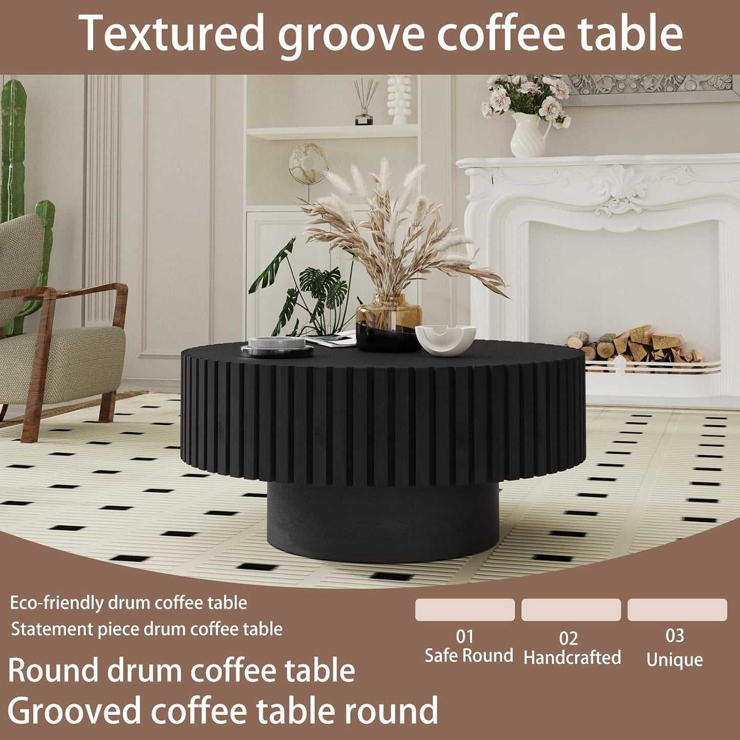 Modern Round Coffee Table for Living Room (Round Black) | Drum Round Fluted Coffee Table, Circular Pedestal Center Table, for Office Patio