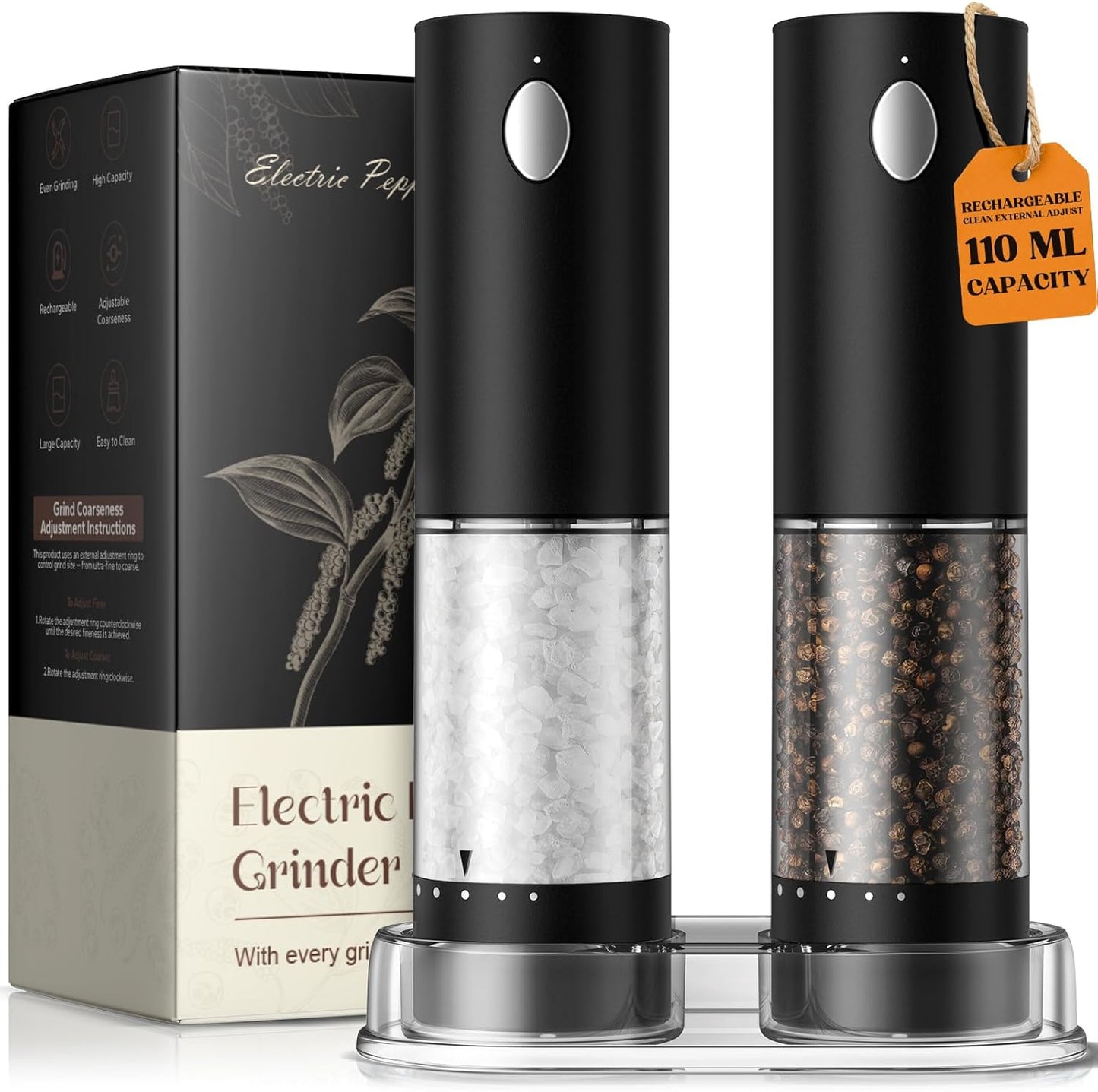 Electric Salt and Pepper Grinder Set, Battery Automatic Salt and Pepper Shaker with Adjustable Coarseness, Large Capacity Pepper Mill with LED Kitchen Appliances(Battery-Stainless Steel)