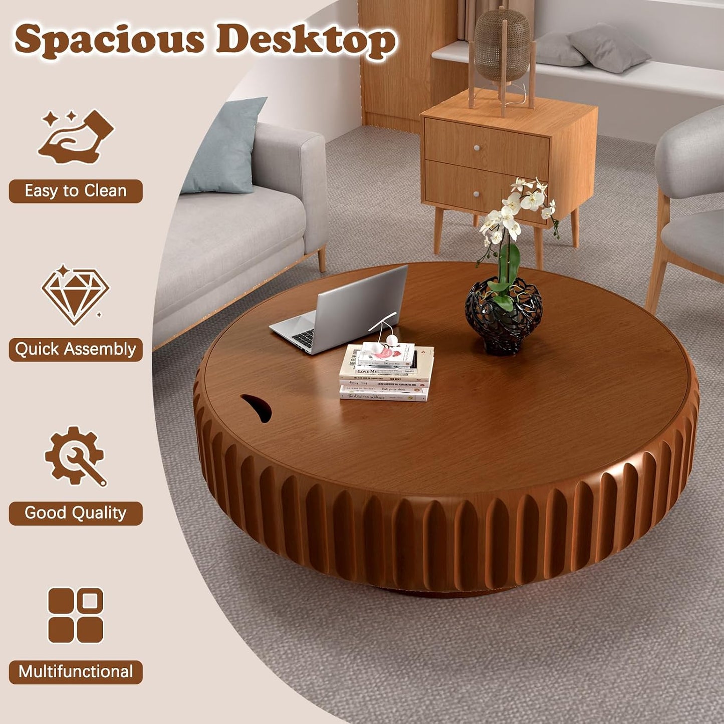 Round Coffee Table with Storage (Brown 39.37") | Handcraft Fluted Drum, Modern Circle Wooden Coffee Table, Cocktail Table for Living Room, Home Office Apartment