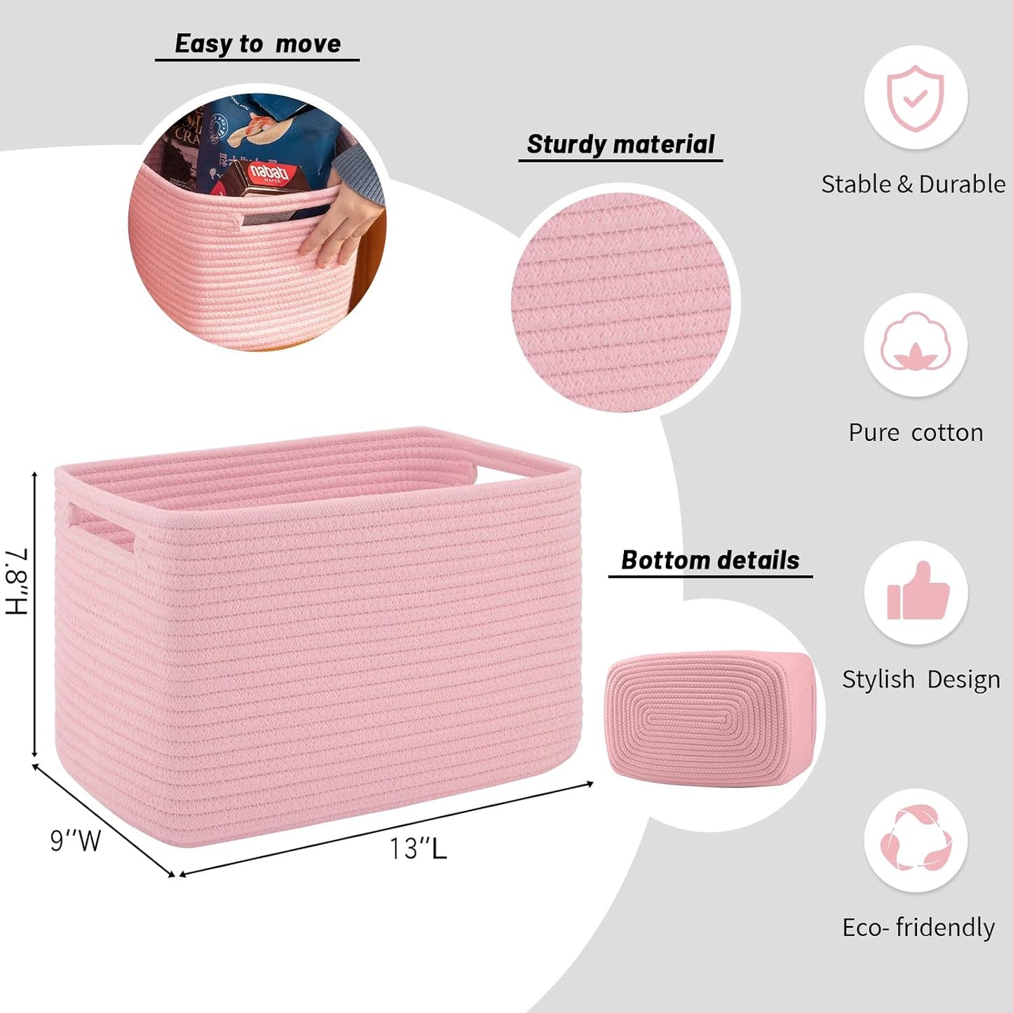 4 Pack Storage Baskets for Organizing Toys, Towels, and Clothes, Woven Basket for Shelves, Sturdy Nursery Cube Bins for Storage, 13''L x9''W x7.8''H, Pink