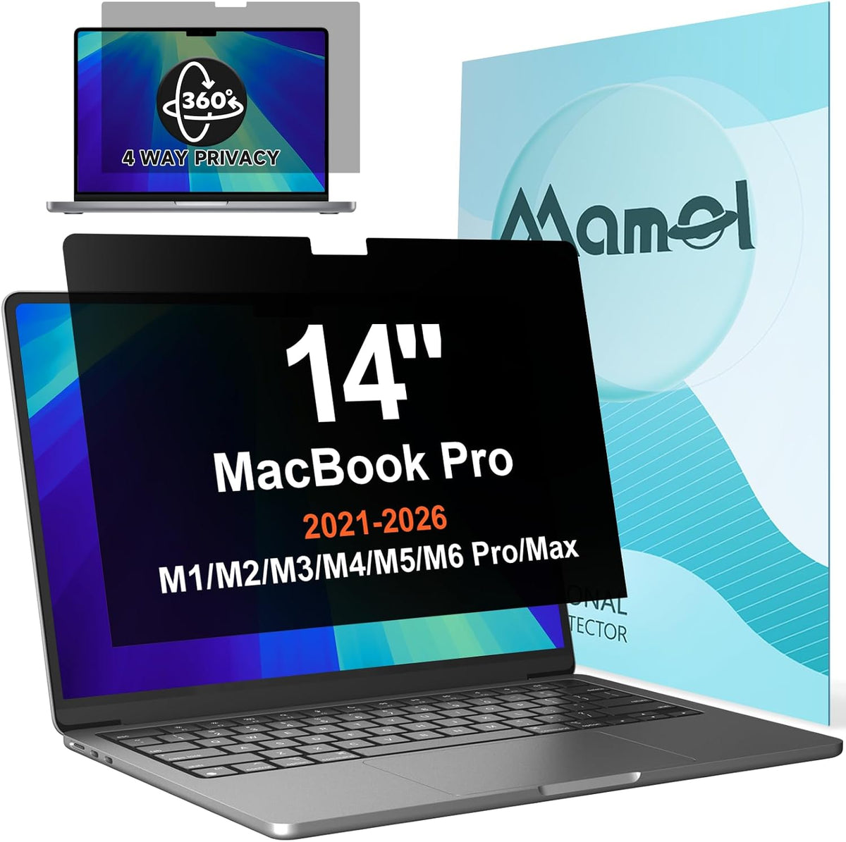360° Privacy Screen for MacBook Pro 14 Inch (2021-2026, M1, M2, M3, M4, M5, Pro, Max), Anti Glare Blue Light Filter, Nano No Glue Anti Spy Black Protector for Mac Pro 14In Laptop Computer