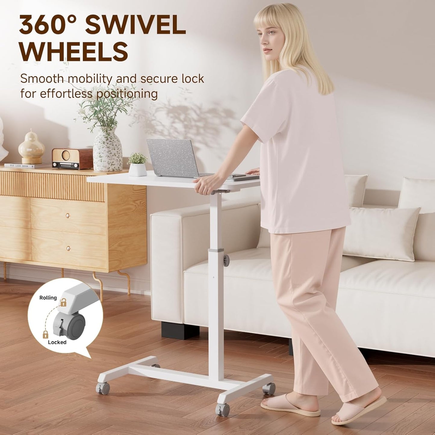 GTPLAYER Small Standing Desk, 24 Inches Foldable Mobile Rolling Laptop PC Table with Lockable Casters, Adjustable Height Overbed Bedside Table Computer Workstation for Home Office, White-Foldable