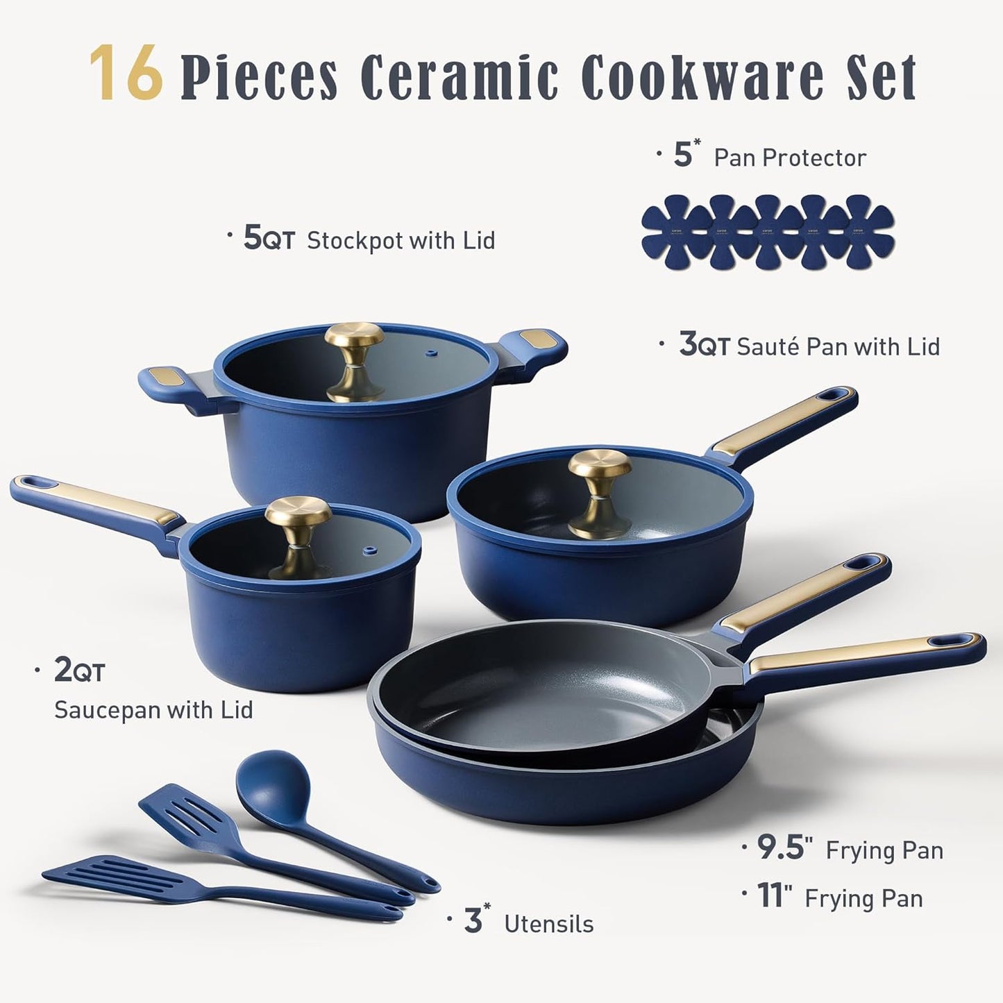 CAROTE Ceramic Cookwar Set, Pots and Pan Set Non Stick 16 Piece, Cookware Set Kitchen Cooking Set Non Toxic, PFAS PTFE Free, Blue