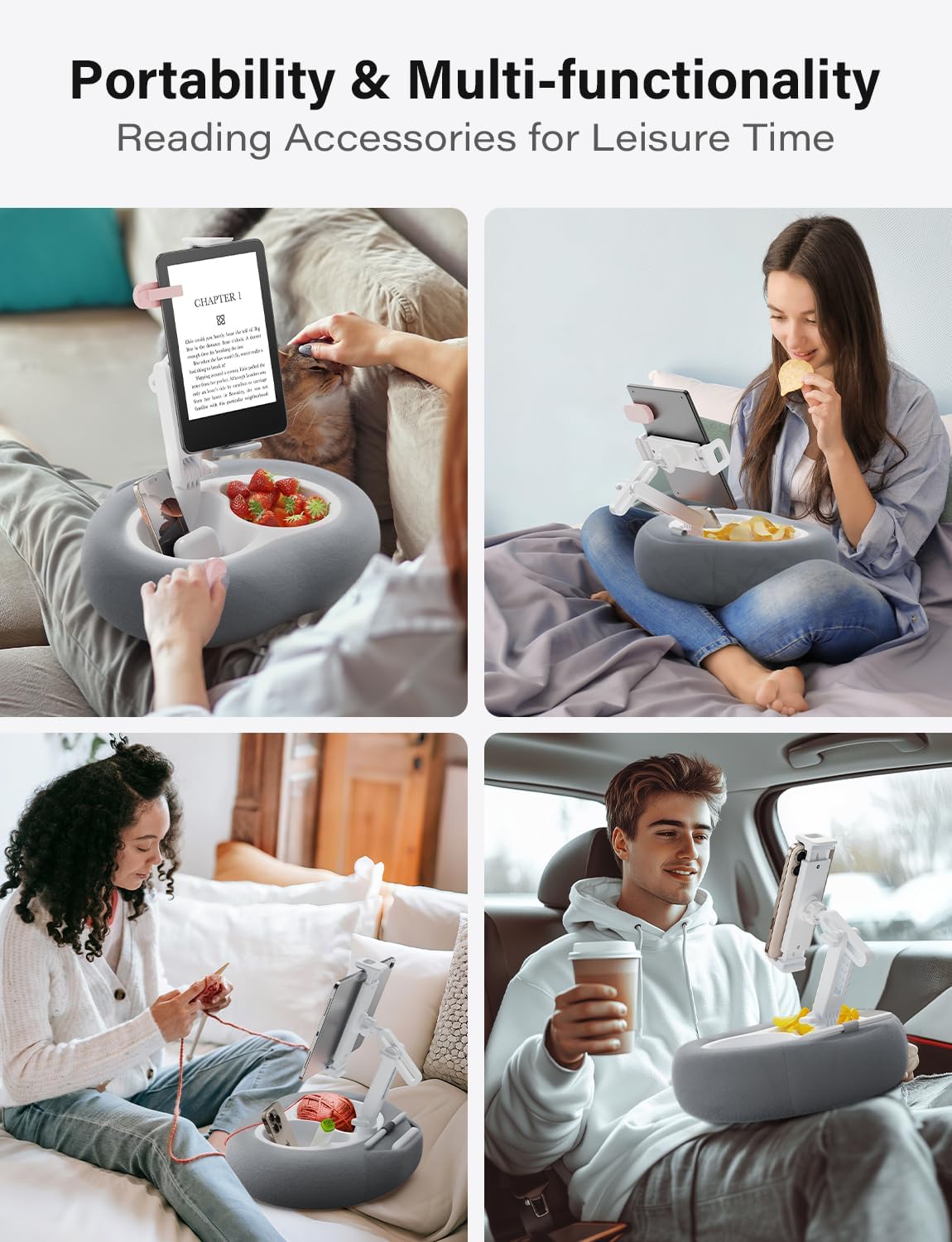 TAZENI Tablet Kindle Pillow Stand Holder with 2 Trays Fit 4''-13'' Phone/Tablet/Kindle iPad Holder Stand for Bed with Soft Plus Fabric Reading Accessories Gift for Reading, Gray