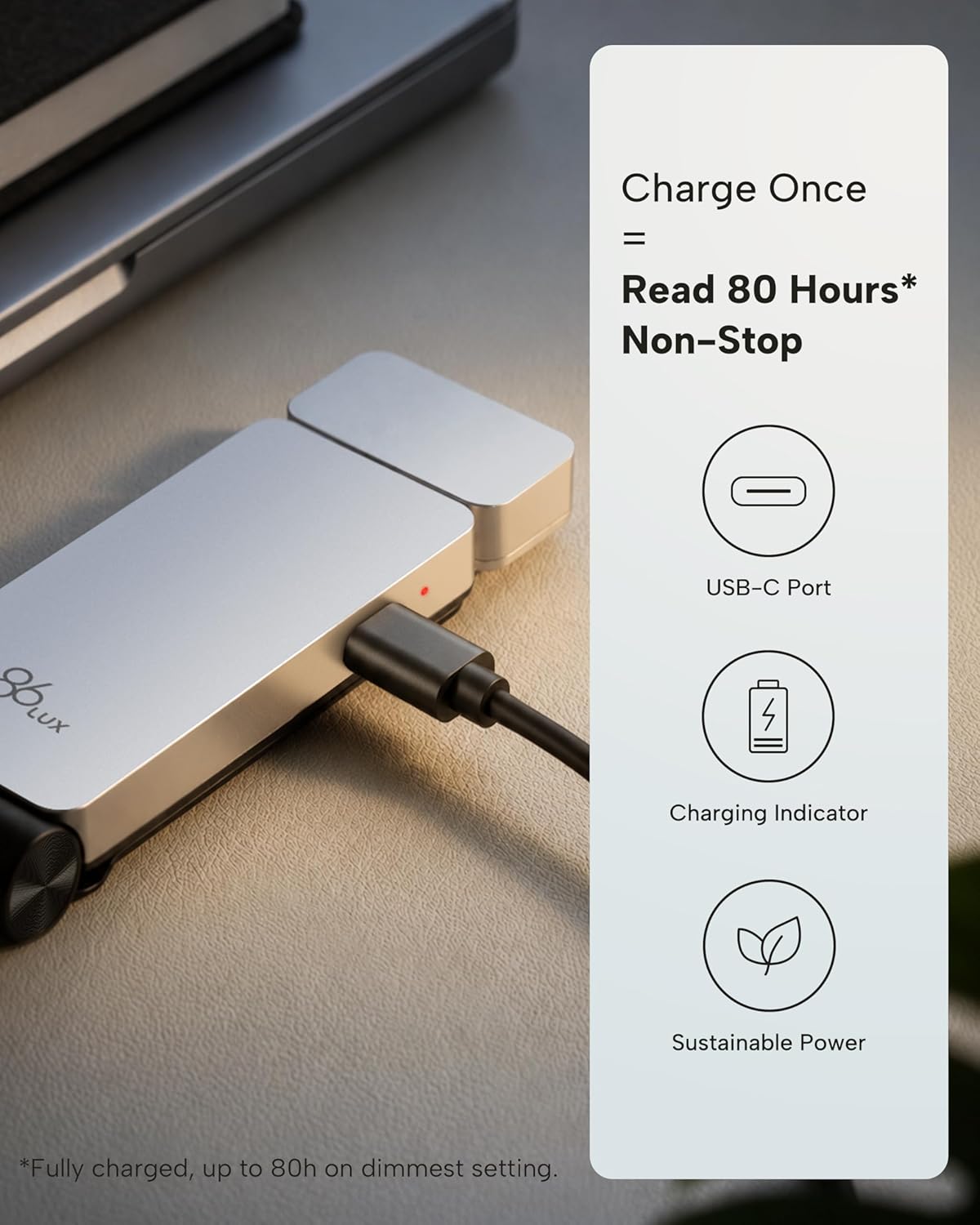 86lux Book Light, Rechargeable Clip-On LED Reading Light for Bed & Night Use - 3 Color Temperatures with Stepless Dimming, Ultralight Bookmark Design for Kids, Book Lovers, Silver