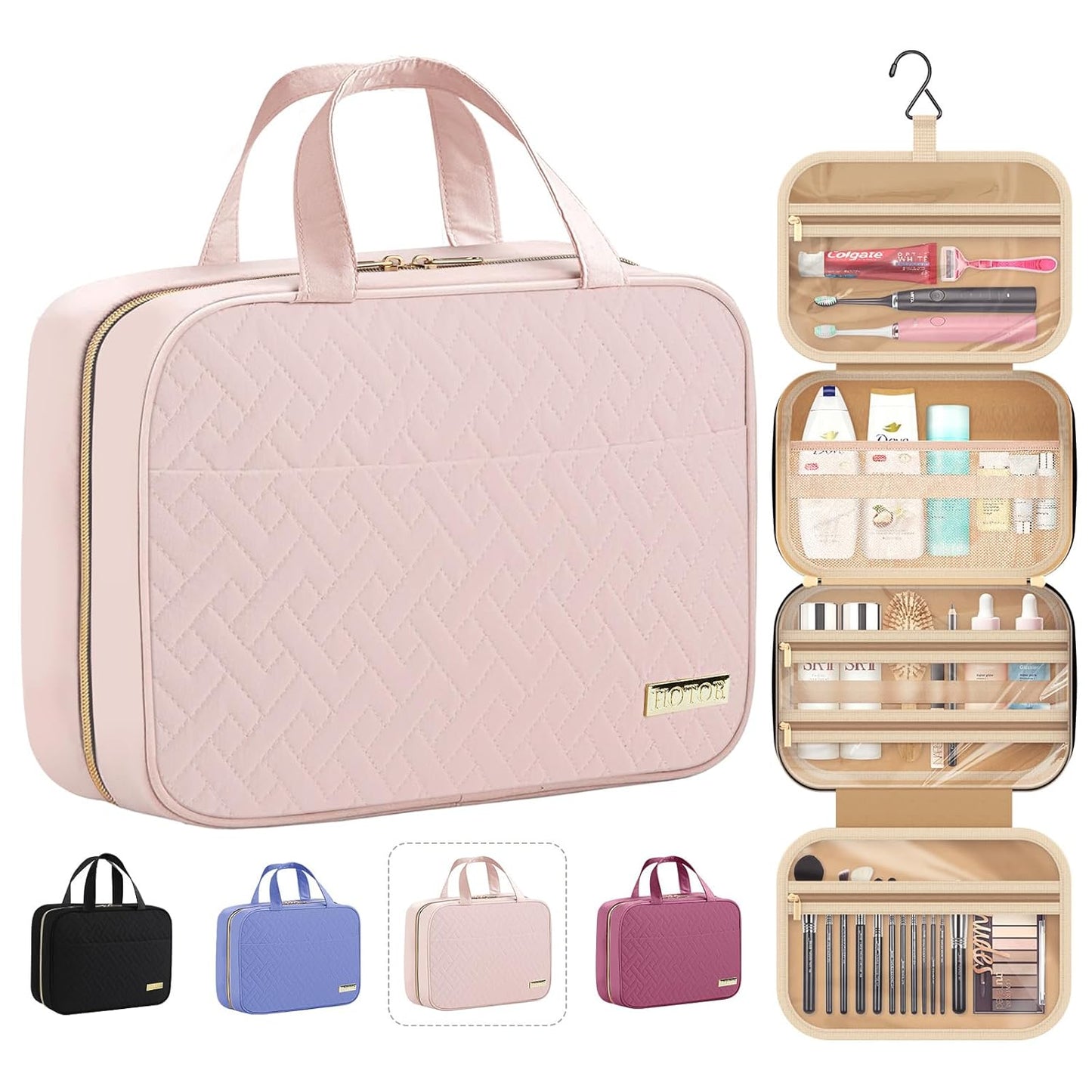 HOTOR Travel Toiletry Bag - Hanging Toiletry Bag for Women & Men, Makeup Bag/Big Comparment, Waterproof for Travel Accessories, Travel Essentials, Medium, Beige with Colorful Floral