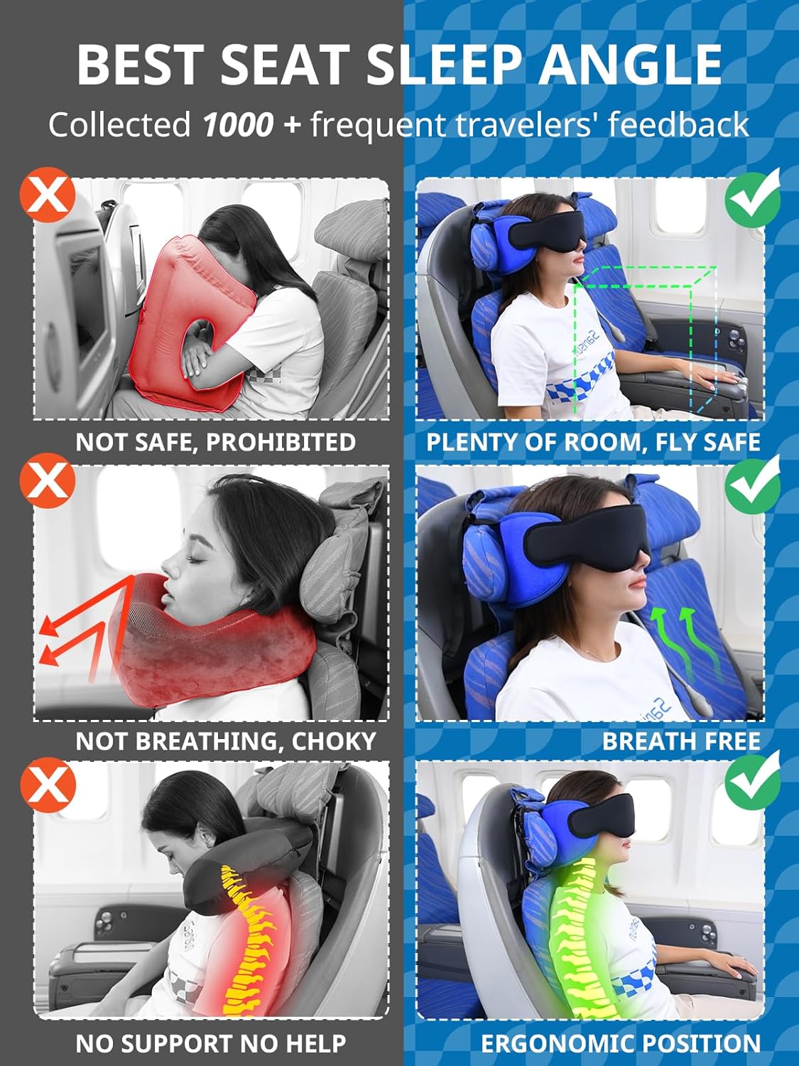 SARISUN Travel Pillow for Airplanes, Airplane Pillow for Long Flight, Neck Pillow with Eye Mask for Sleeping, Portable Travel Pillow for Car Road Trip Headrest, Stop Bobblehead, Grey