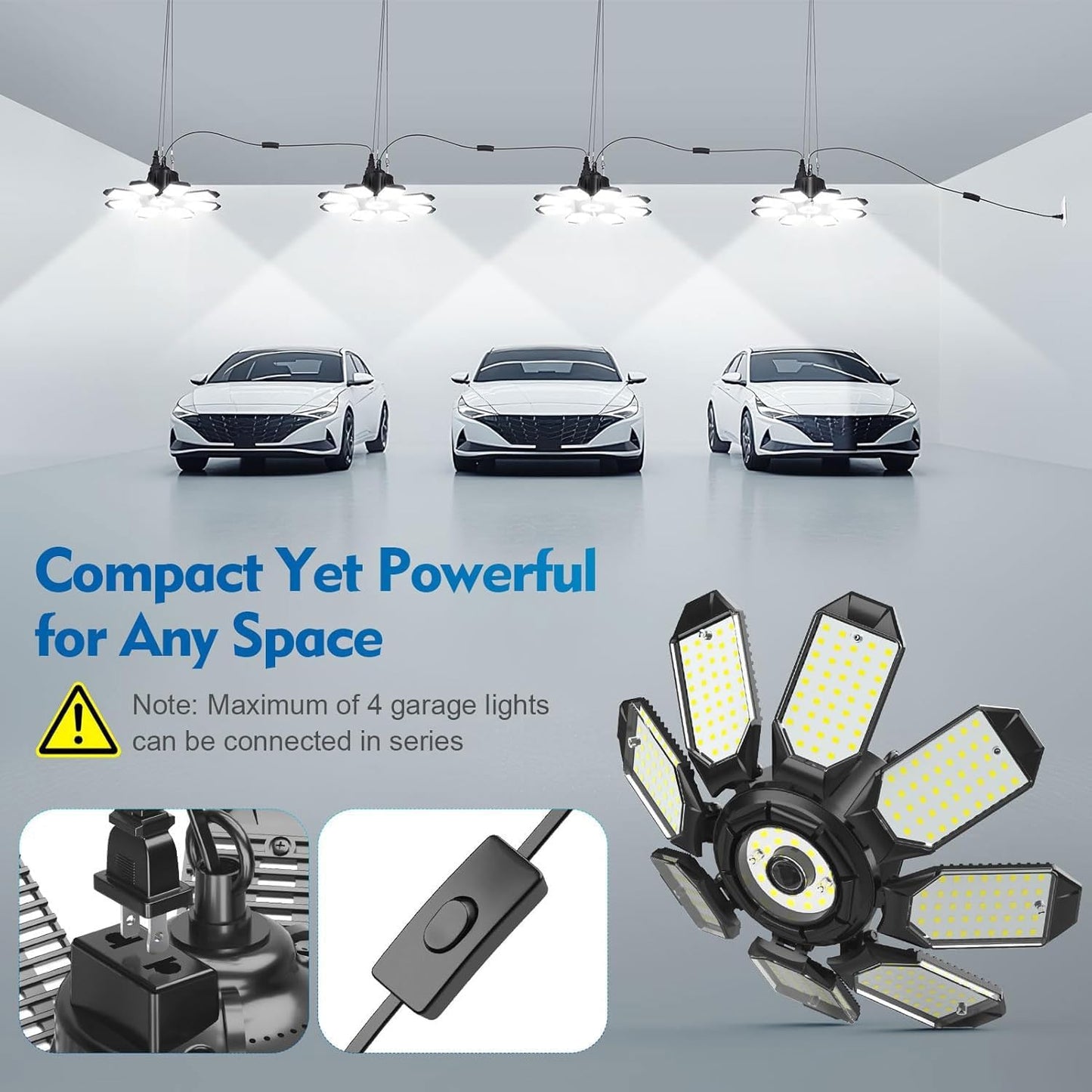 TANBABY 2 Pack LED Garage Lights, 250W Deformable Garage Light, Total 50000LM 6500K Daylight, 8+1 Adjustable Panels, Plug-in Cord Ceiling Light for Basement