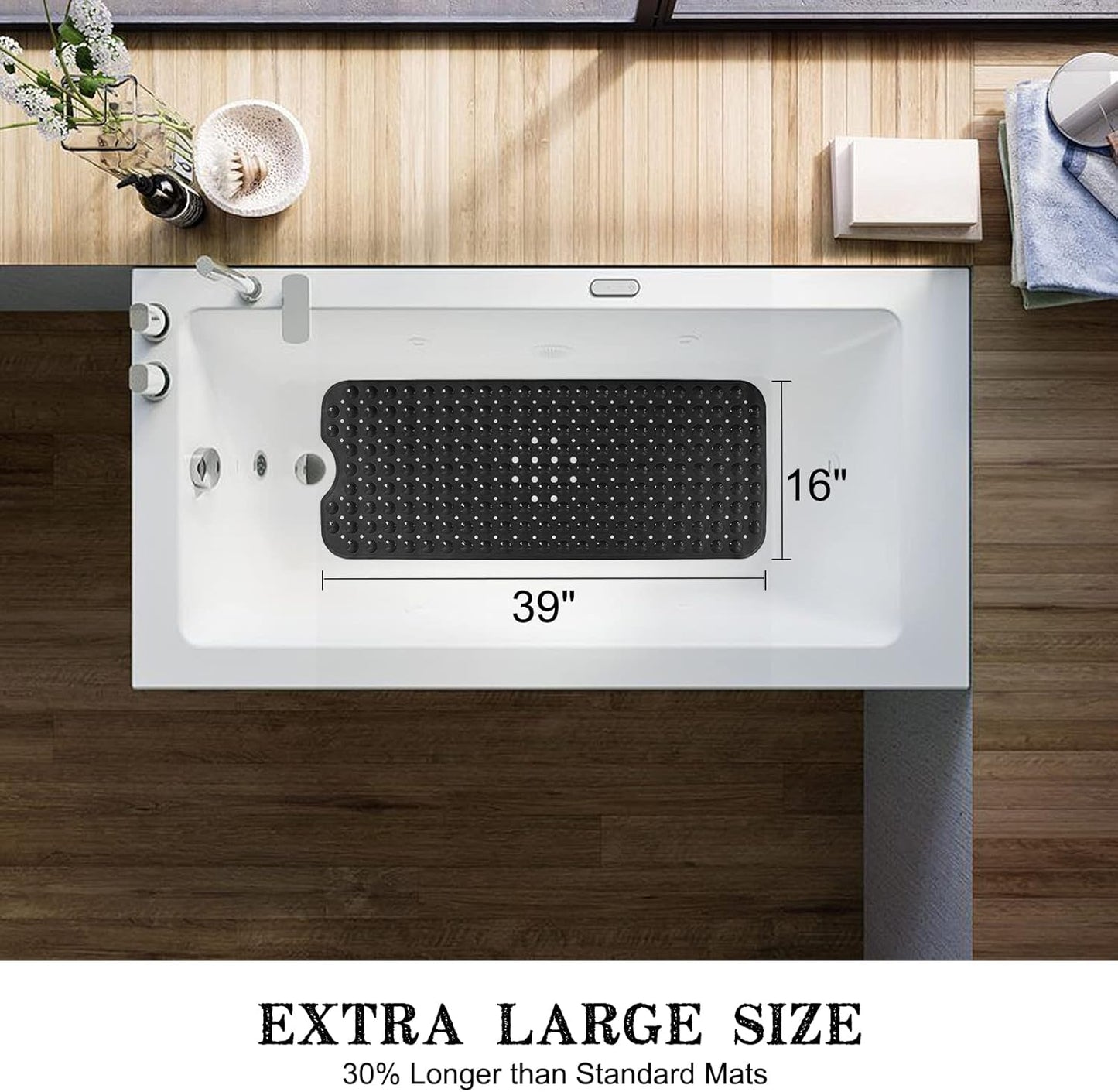 Bathtub and Shower Mats, Extra Long Non-Slip Bath Mat 39 x 16 Inch, Machine Washable Bath Tub Mat with Suction Cups & Drain Holes for Bathroom, Black