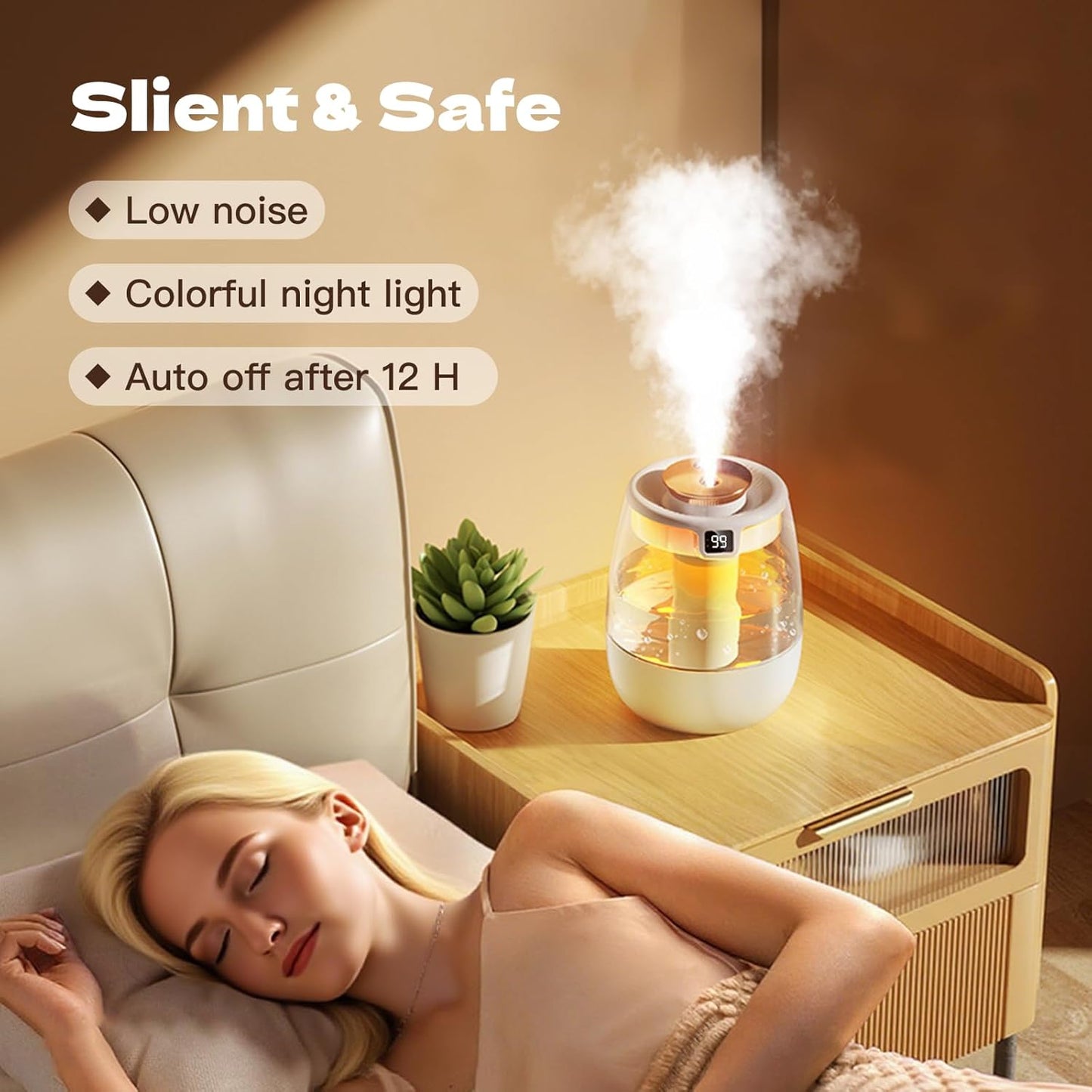 Double Spray Air Humidifier for Bedroom, 2L Quiet Cool Mist Humidifier for Plants Dorm Room Office Home Car Personal Humidificador with Digital Display 3 Mist Modes & Night Light